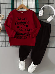 Boy's MOMMY'S WORLD Print Outfit 2pcs, Sweatshirt & Cargo Pants Set, Toddler Kid's Clothes For Spring Fall