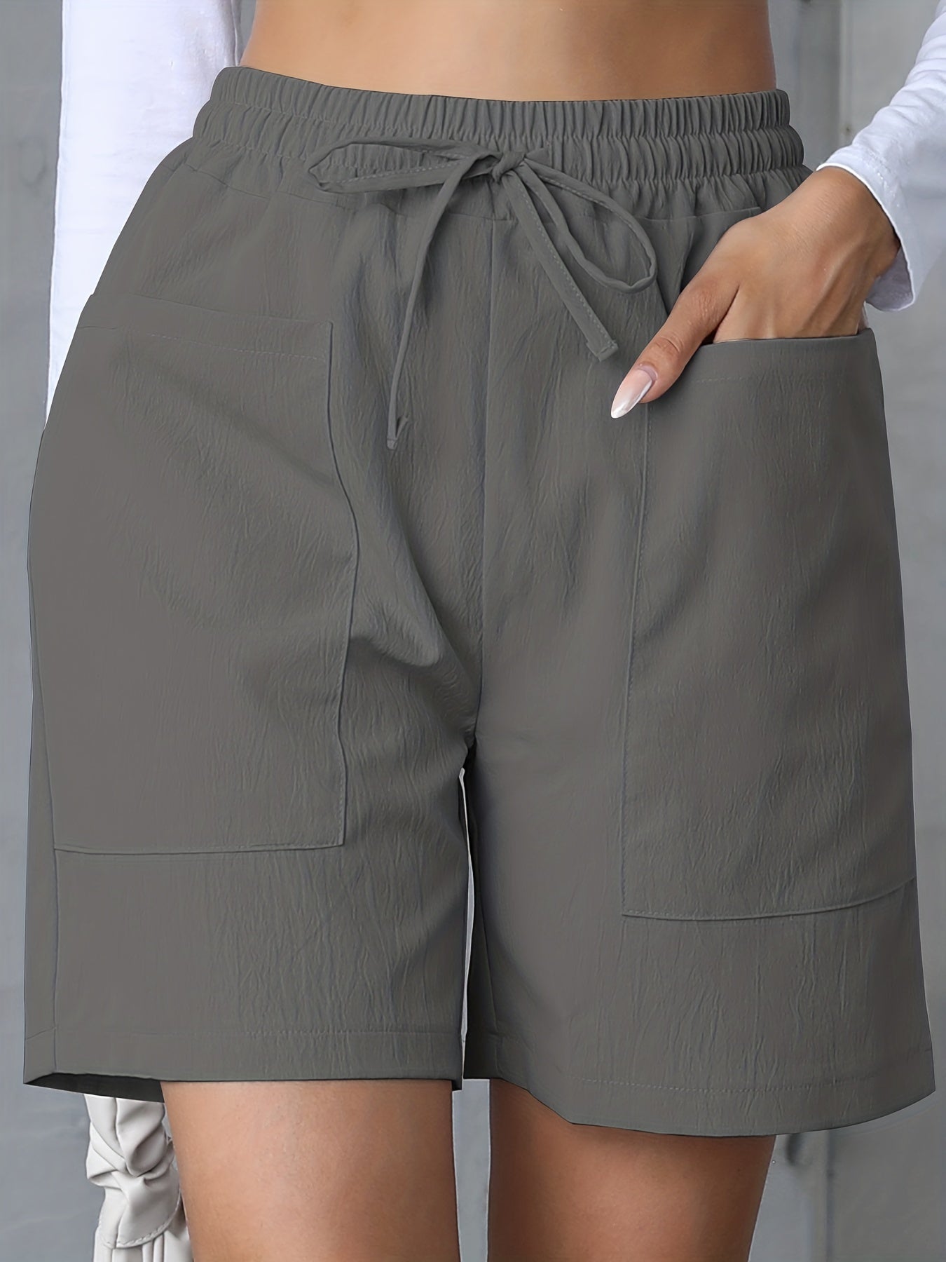 Women's Easy-Care Casual Polyester Shorts – Summer Comfort with Drawstring Waist, Pockets, and Solid Color Design