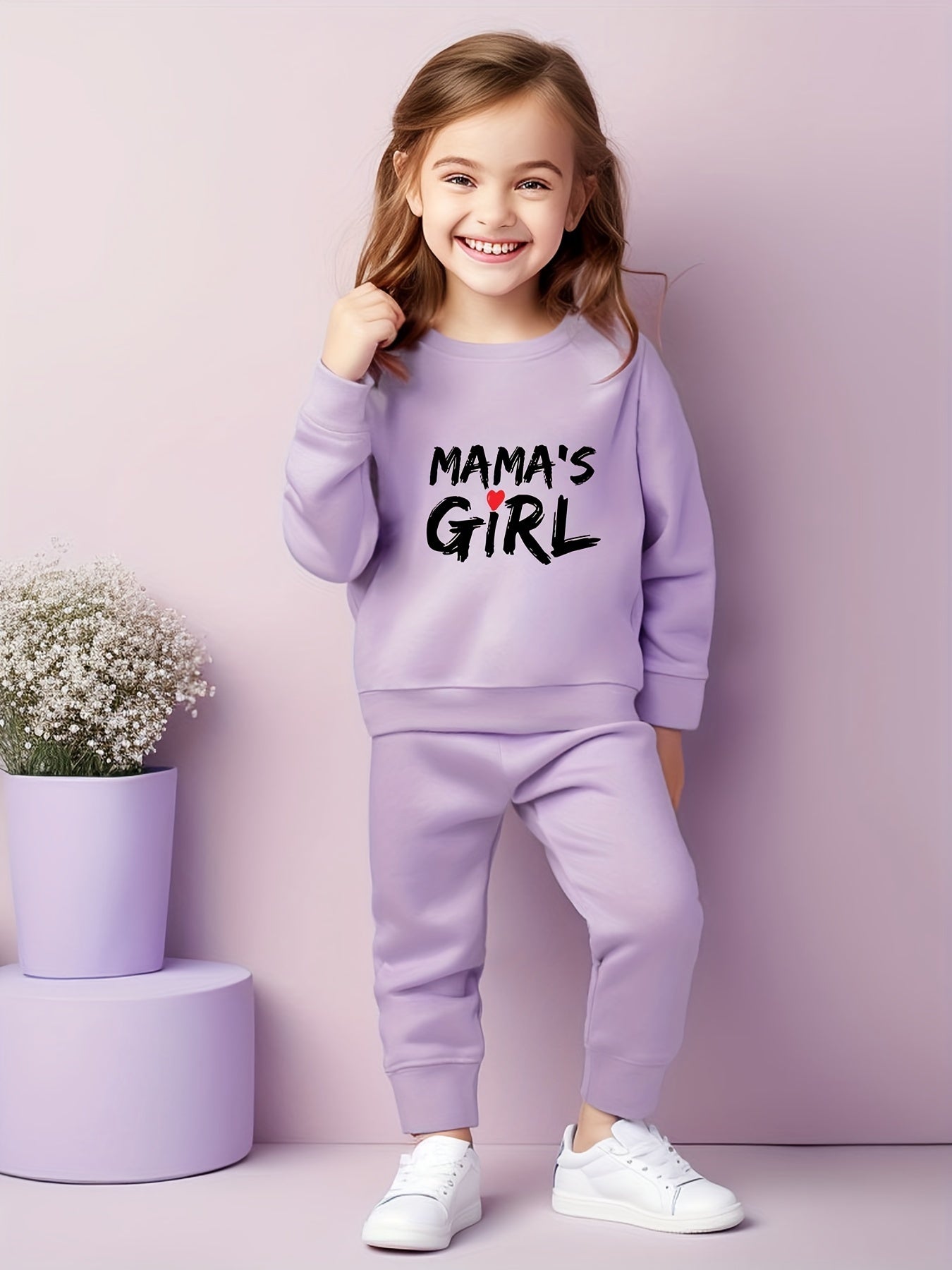 2pcs MAMA'S GIRL Print Crew Neck Long Sleeve Sweatshirt Pullover + Jogger Pants Set Outdoor Gift Girls