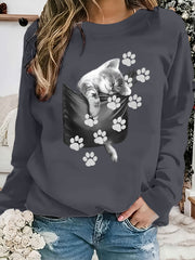 Cat & Paws Print Pullover Sweatshirts - Cozy Long Sleeves for Ultimate Comfort, Classic Crew Neck Design, Ultra-Relaxed Fit for Everyday Casual Wear, Perfect for Chilly Fall and Winter Days