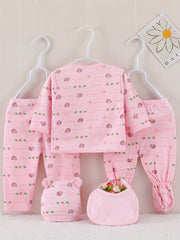 Adorable 5-Piece Baby Girl Outfit Set - Cartoon Long Sleeve Top, Pants, Hat & Bib!