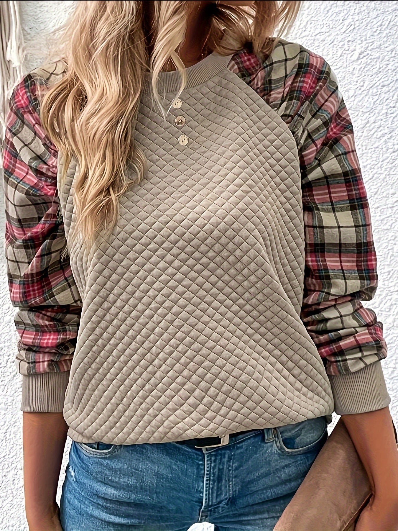 Plaid Print Pullover Argyle Sweatshirt, Casual Long Raglan Sleeve Crew Neck Sweatshirt For Fall & Winter, Women's Clothing