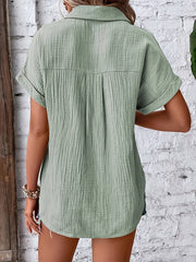 Button Up Loose Solid Blouse, Casual Short Sleeve Blouse For Spring & Summer, Women's Clothing