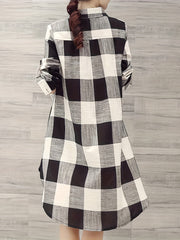 Plaid Print Button Front Shirt, Casual Long Sleeve Long Length Blouse For Spring & Fall, Women's Clothing