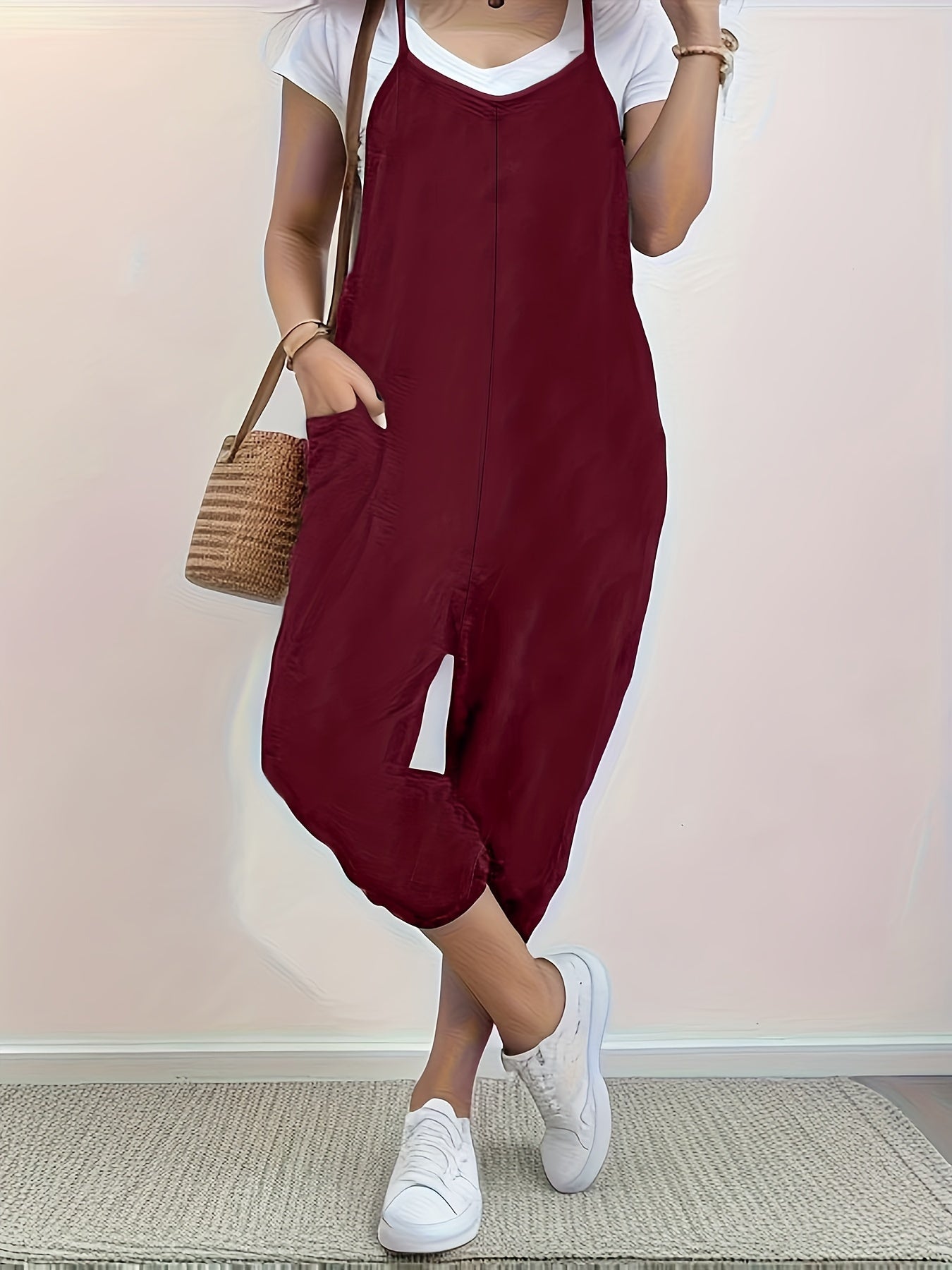 Plus Size Solid Color Overall Jumpsuit, Casual Pockets Overall Jumpsuit For Spring & Summer, Women's Plus Size Clothing