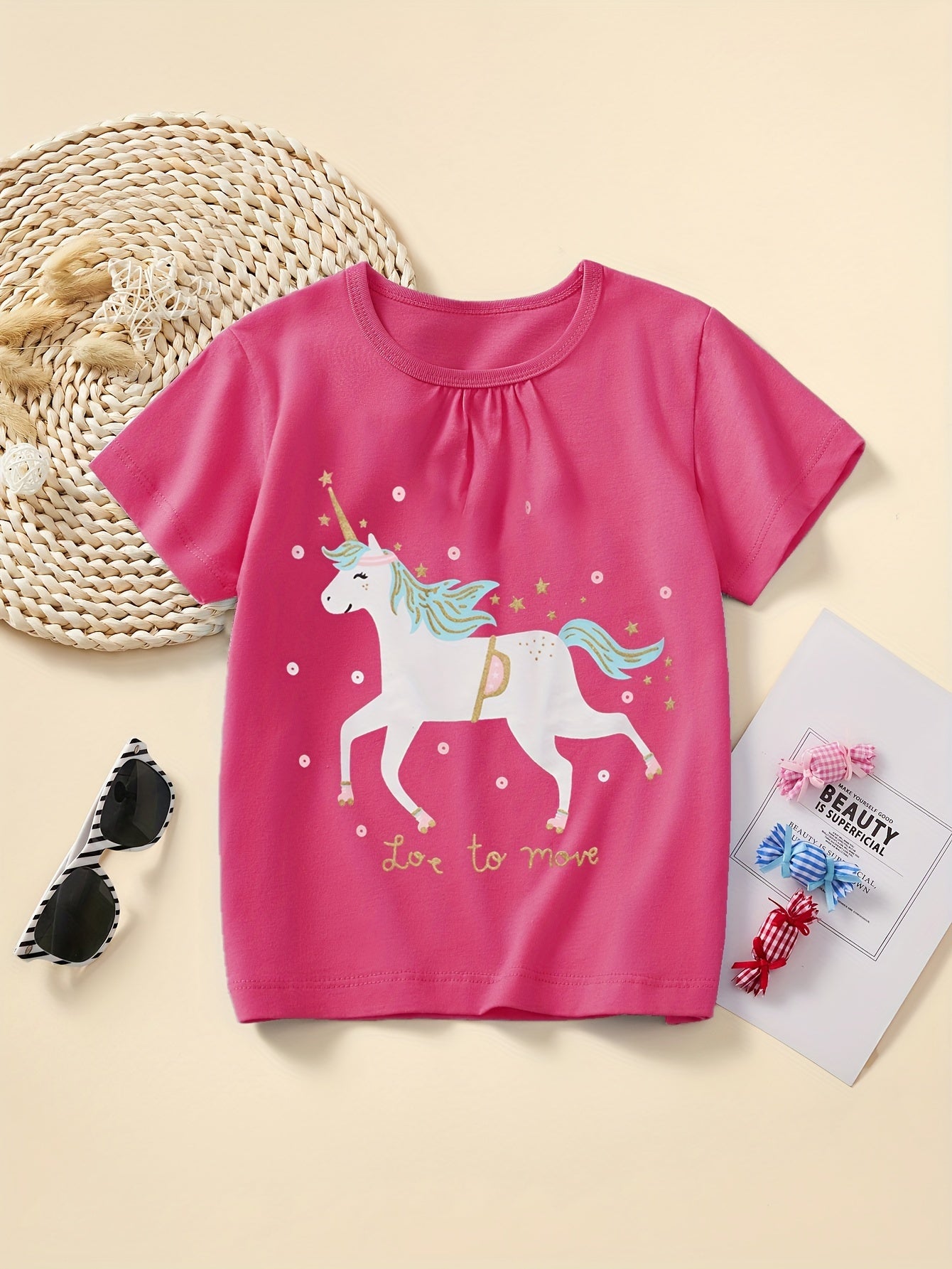 Cartoon Unicorns & Stars Graphic Print Tees, Girls 3pcs/set Casual & Trendy Cotton T-shirts For Spring & Summer, Girls Comfy Clothes For Street Wear