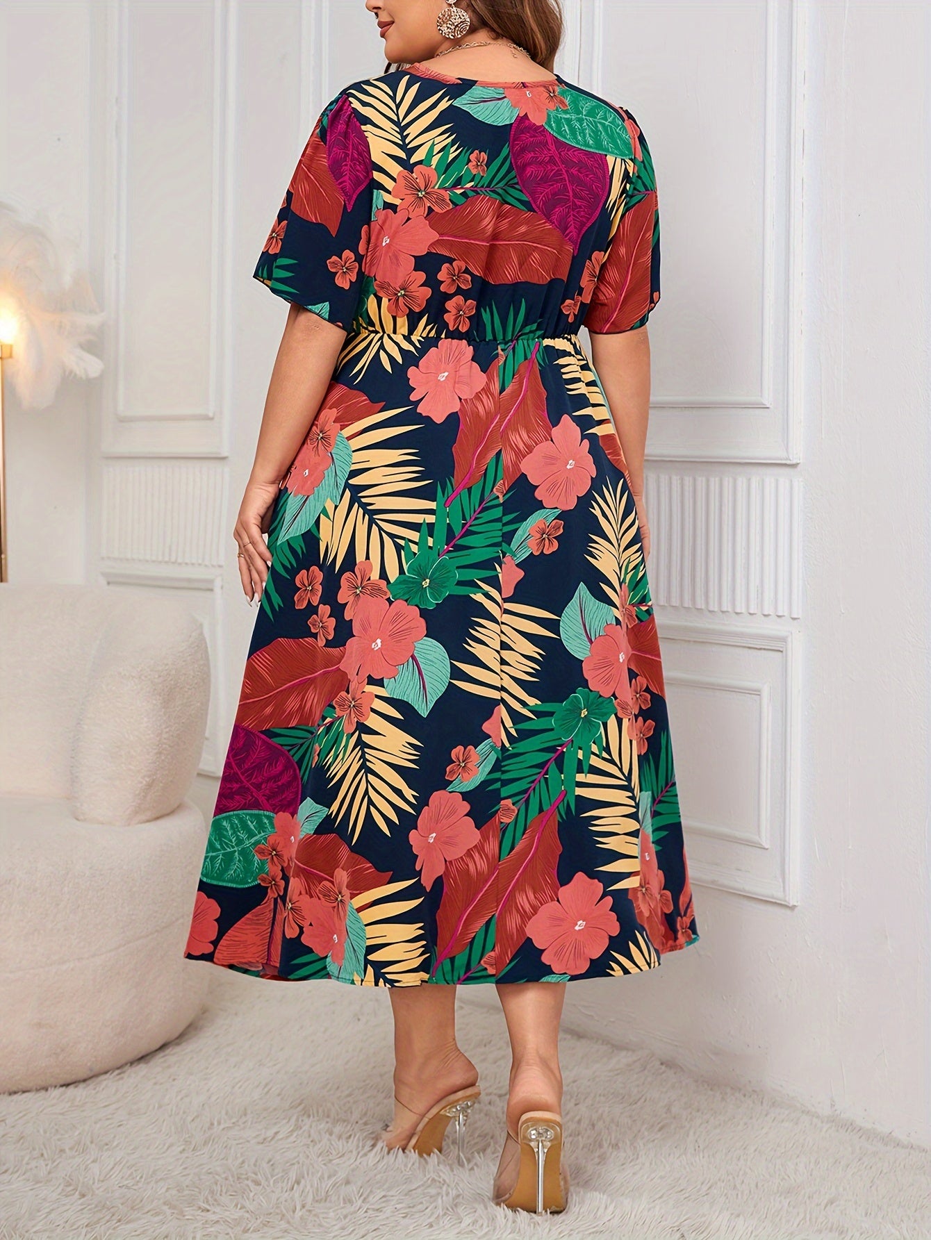 Plus Size Tropical Paradise Dress - Flattering Cinched Waist, Flutter Sleeves, Surplice Neckline - Stylish Midi Vacation Dress for Spring & Summer - Designed for Womens Plus Sizes