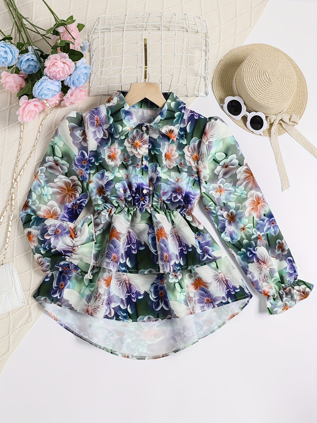 Tween Girls Stylish & Elegant Long Sleeve Allover Flowers Pattern Button Up High Low Blouse For Spring & Fall Outdoor Holiday Picnic