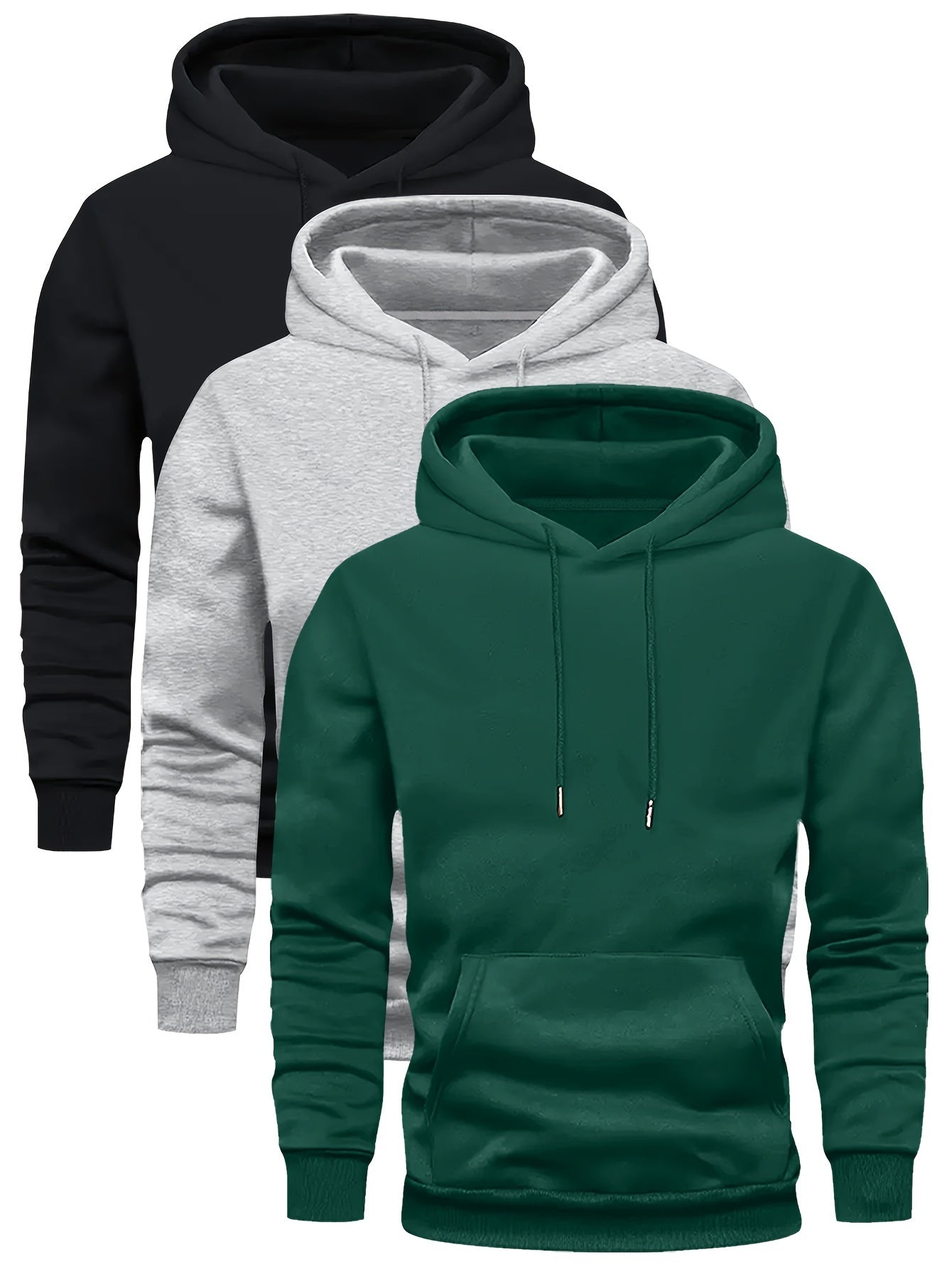 Men's 3-pack Set Of Solid Hooded Long Sleeve Fleece Sweatshirts With Kangaroo Pocket, Spring And Fall Trendy Hoodies For Daily Outings