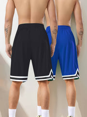 Two-Piece Mens Loose Fit Contrast Color Stripe Shorts Set - Drawstring Waist, Two Side Pockets, Breathable Slight Stretch Polyester Fabric, Ideal for Summer Fitness, Outdoor Sports, and Daily Casual Wear