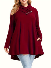 Plus Size Button Decor T-Shirt, Casual Criss Cross Neck Long Sleeve Top For Spring & Fall, Women's Plus Size Clothing