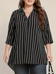 Chic Plus Size V-Neck Tunic Top - Casual Stripe, Easy Care Knit Fabric, Asymmetrical High-Low Hem, Perfect for Spring/Fall