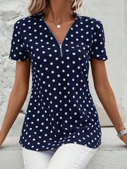 Polka Dots Print V Neck Blouse, Elegant Zipper Front Short Sleeve Blouse For Spring & Summer, Women's Clothing