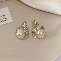 Unique Water Drop Shaped Stud Earrings Zinc Alloy Jewelry Faux Pearl Inlaid Vintage Elegant Style For Women Dating Earrings