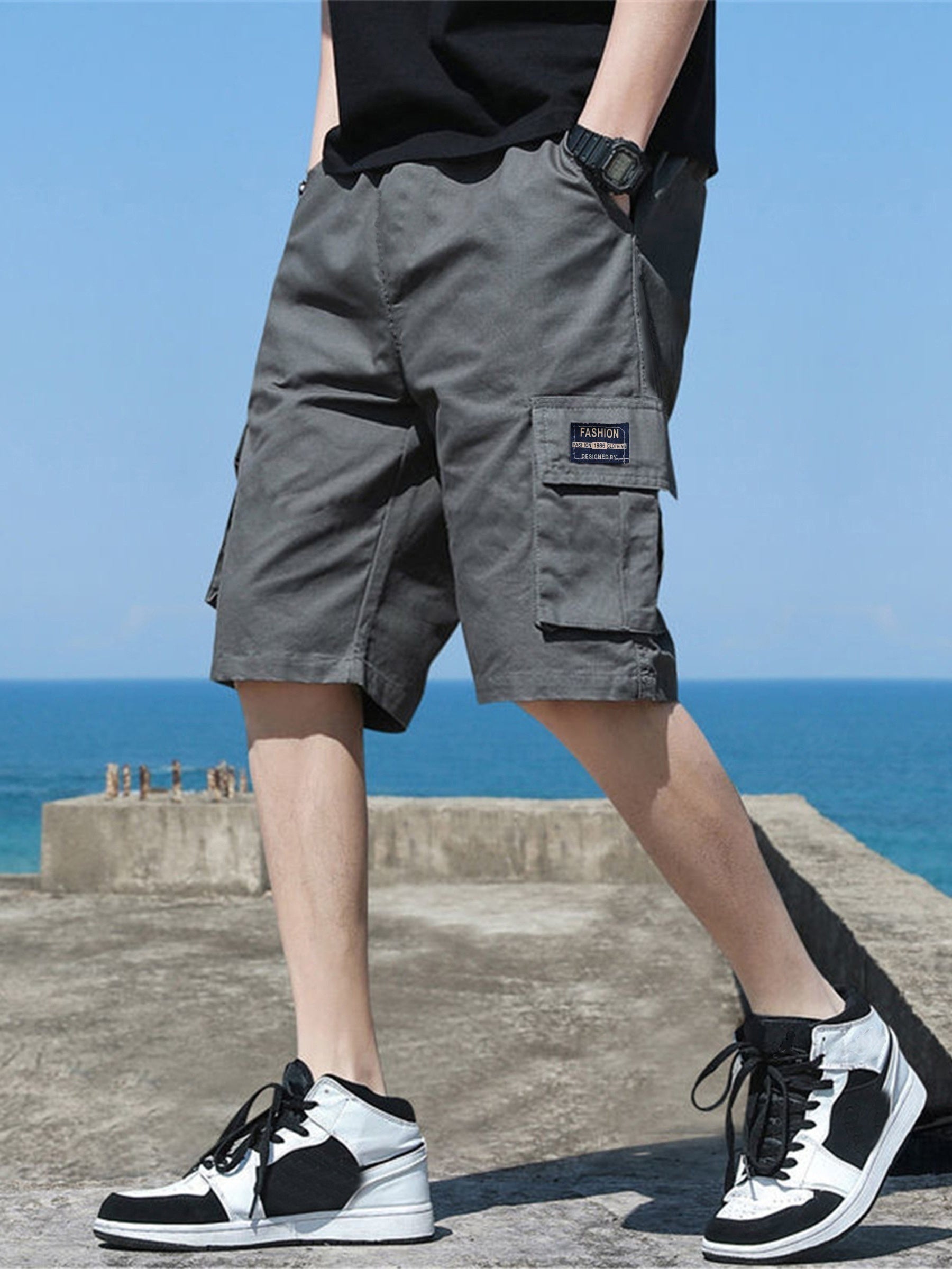 Men's Label Patchwork Solid Cargo Shorts With Flap Pockets, Versatile And Trendy For Summer Outdoors And Sports Wear