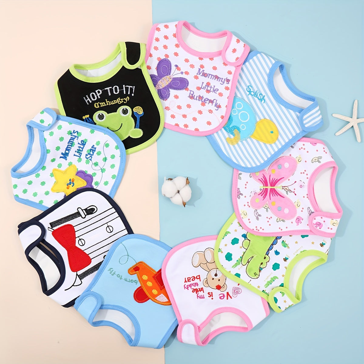 Pack of 3 Cartoon-Themed Cotton Baby Bibs with Embroidery, Hook & Loop Closure, Non-Waterproof - Suitable for 0-3 Years Old Infants and Toddlers