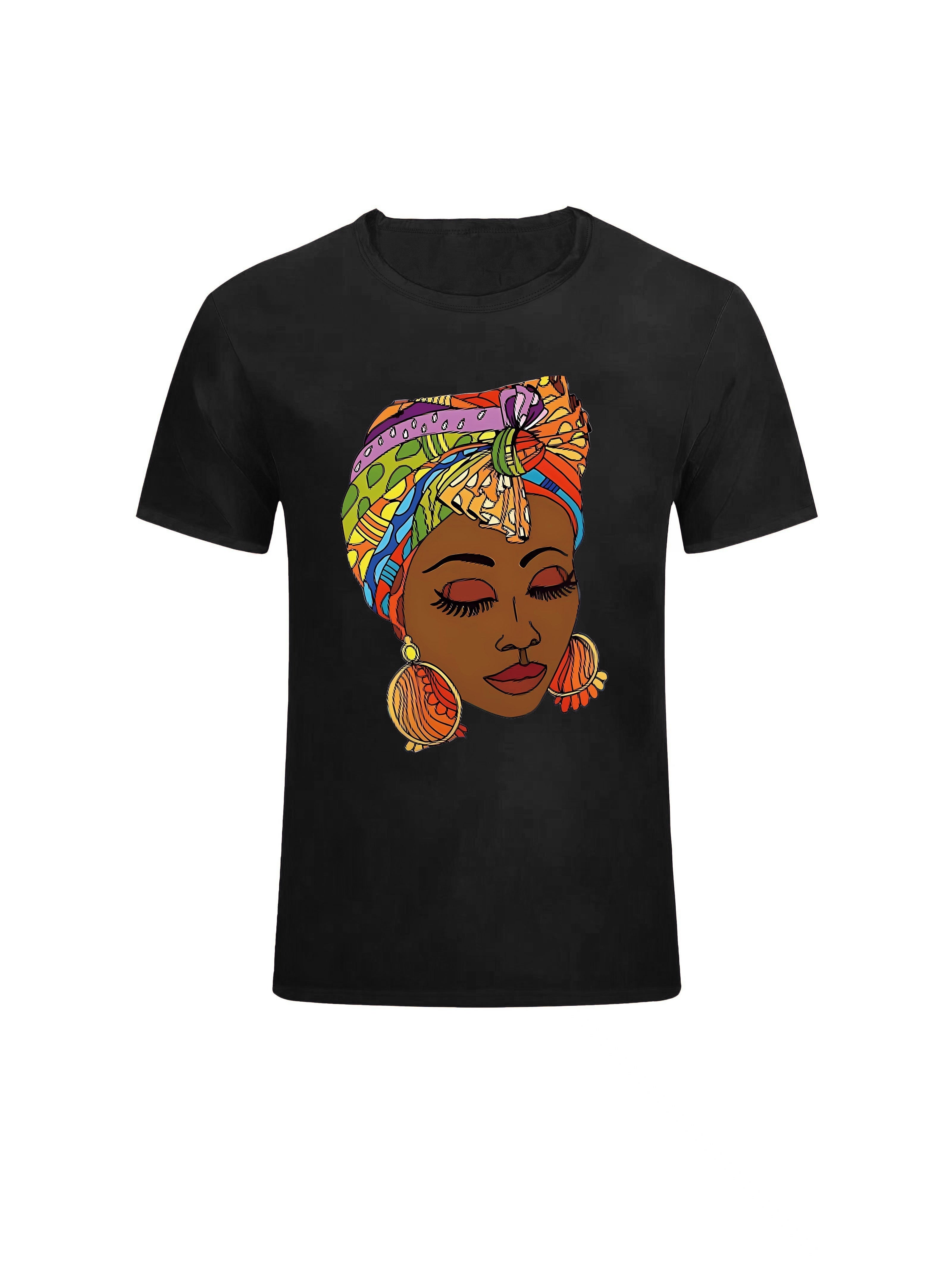 Plus Size Portrait Print Crew Neck Short Sleeve T-Shirt - Soft Medium Stretch Polyester Fabric, Flared Hem, Regular Length, Pullover Style, Black Fashion Design - Perfect for All Seasons, Casual Wear