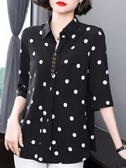 Polka Dot Print Lapel Blouse, Casual Half Sleeve Top For Spring & Summer, Women's Clothing