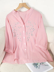 Floral Pattern Simple Blouse, Elegant Button Front Stand Collar Blouse, Women's Clothing