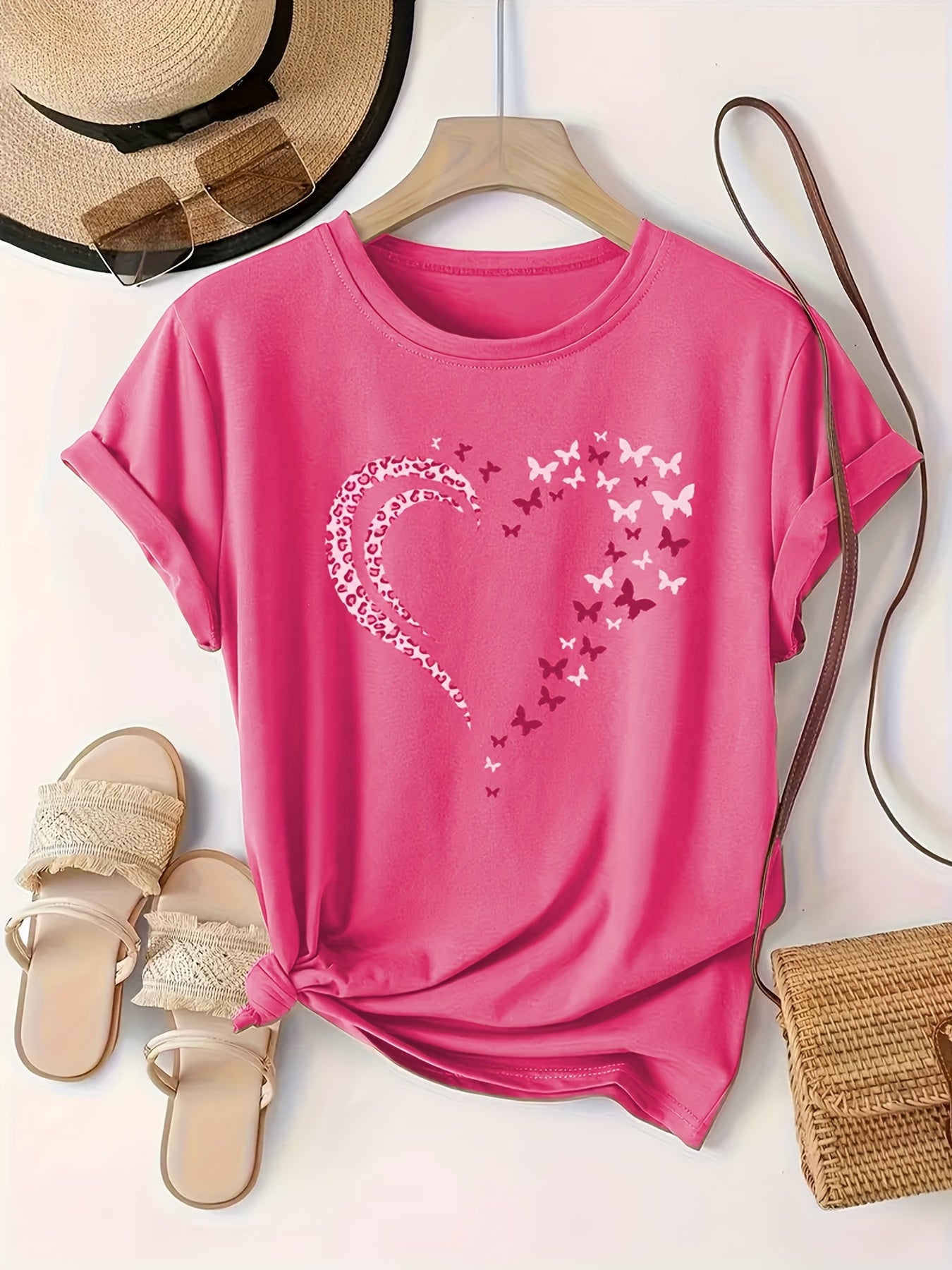 Plus Size Butterfly Heart Print Crew Neck T-Shirt - Soft Slight Stretch Fabric, Positioning Printing, Casual Short Sleeve Top for Spring & Summer - Womens Comfortable Knit Fabric Clothing for Warm Weather