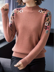 Floral Pattern Mock Neck Knit Sweater, Casual Long Sleeve Pullover Sweater, Women's Clothing