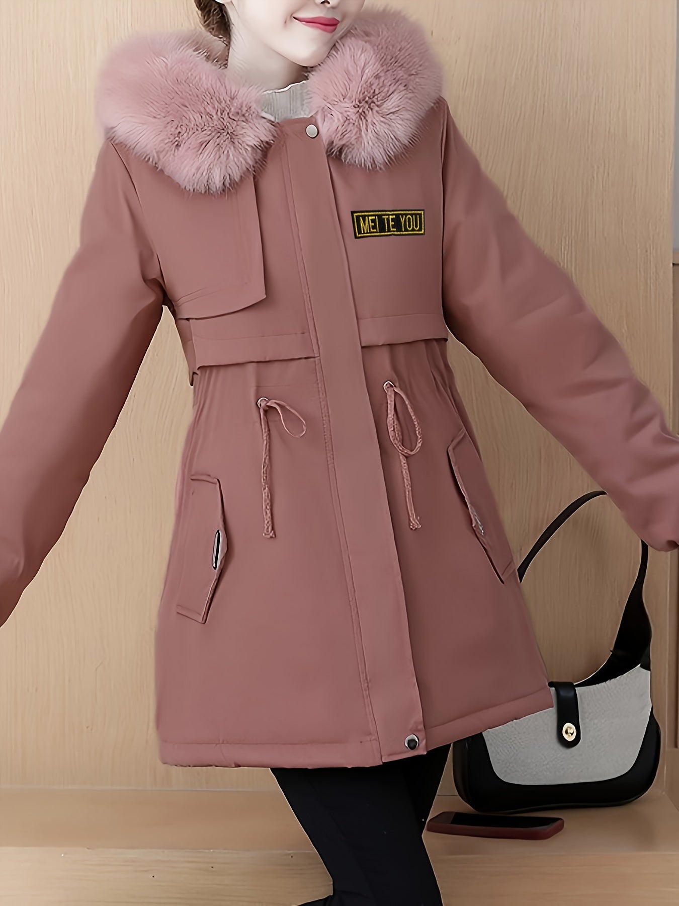 Fluffy Trim Hooded Warm Coat, Casual Zip Up Long Sleeve Winter Outerwear, Women's Clothing