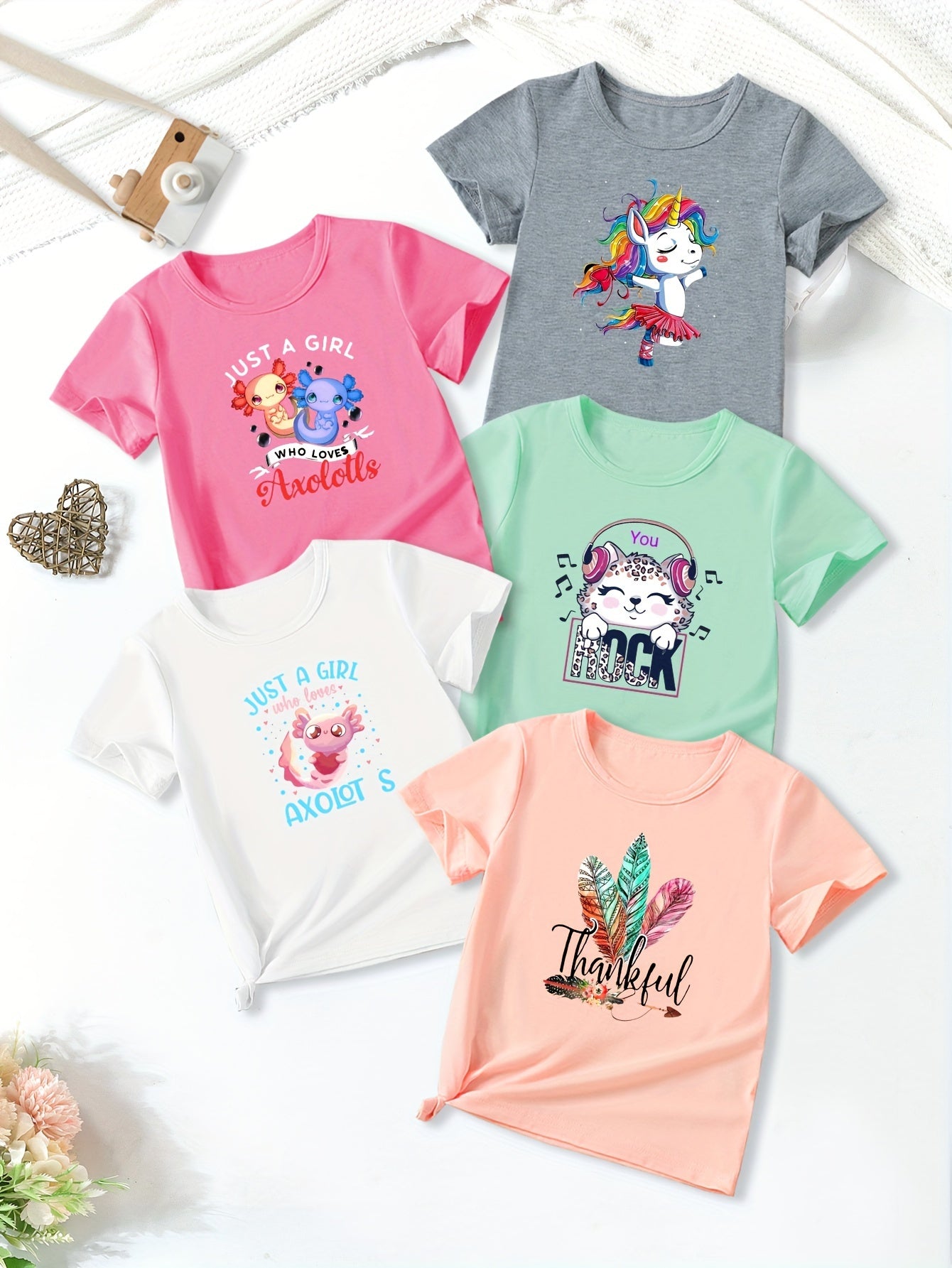 5pcs/set Girls Ultra-Soft Graphic Tees with Unicorn/Cat/Axolotl Prints - Casual & Comfy Crew Neck Short Sleeve Shirts for Spring & Summer Outdoor Adventures - Adorable Girls Clothing