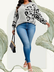 Plus Size Leopard Pattern Sweater, Casual Drop Shoulder Crew Neck Knitted Top, Women's Plus Size Clothing