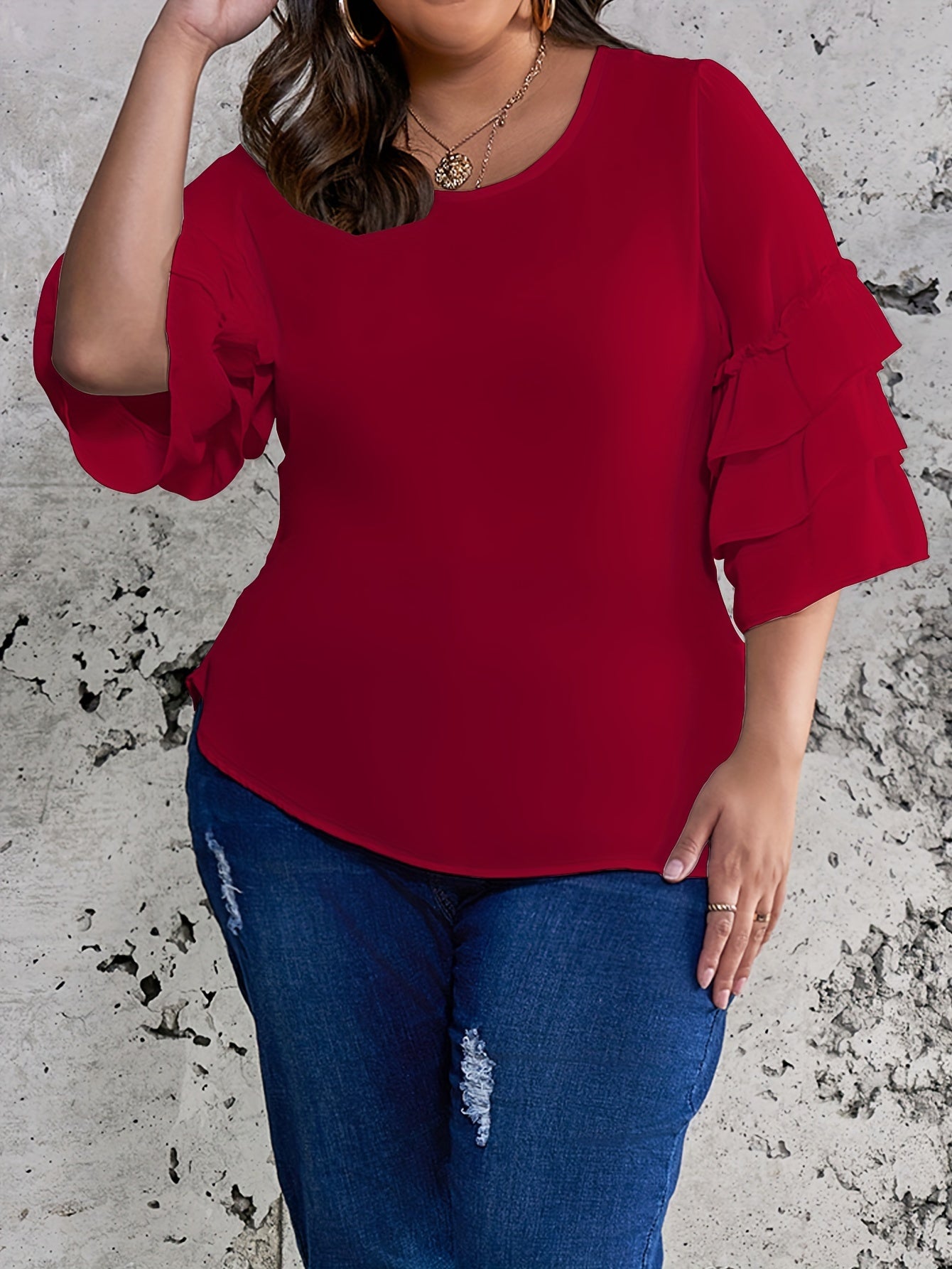 Plus Size Womens Chic Solid Top - Flattering Layered Style with Trendy Half Bell Sleeves, Round Neck, and Smooth Hem