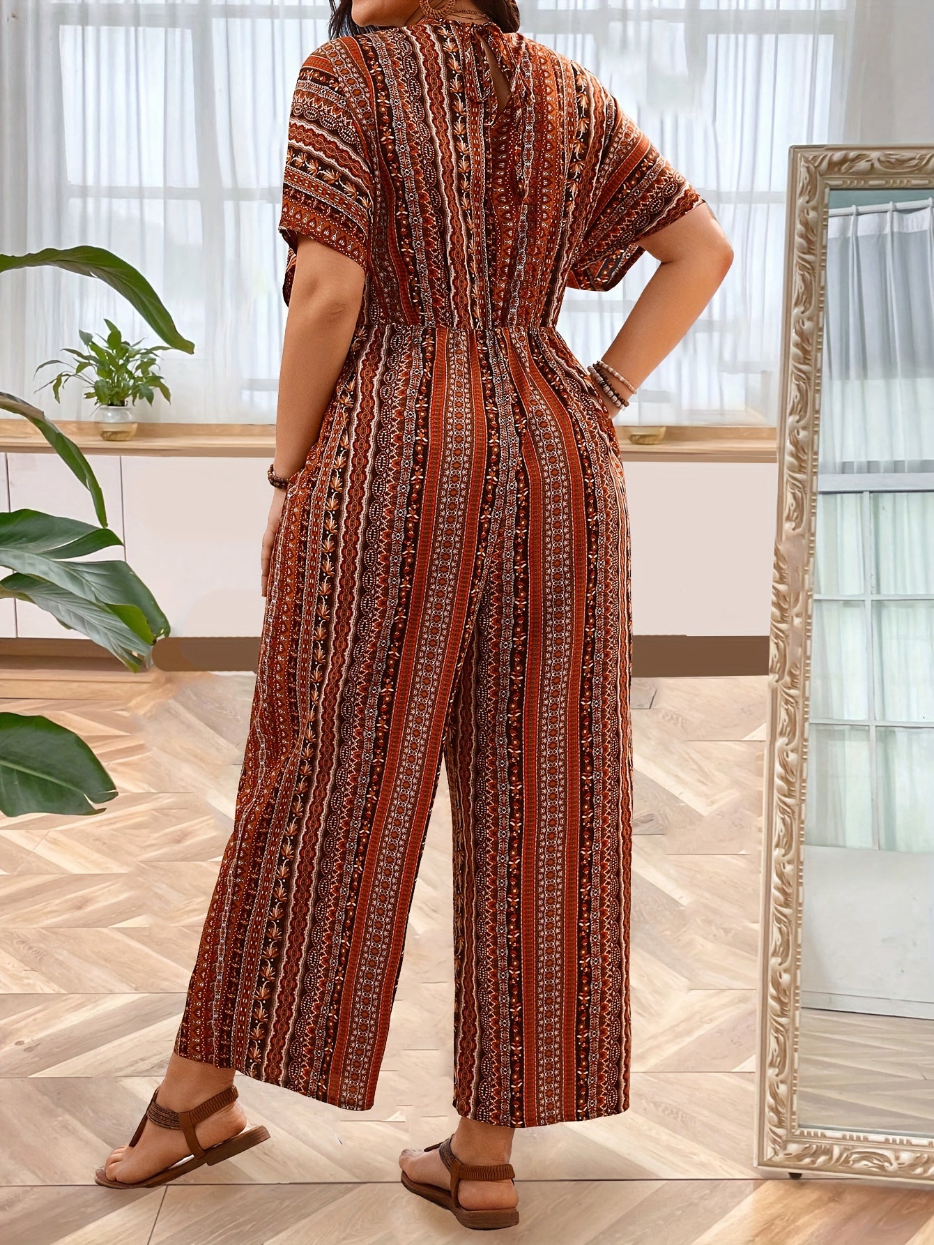 Plus Size Solid Tribal Print V Neck Jumpsuit, Vacation Batwing Sleeve Wide Leg Jumpsuit, Women's Plus Size Clothing