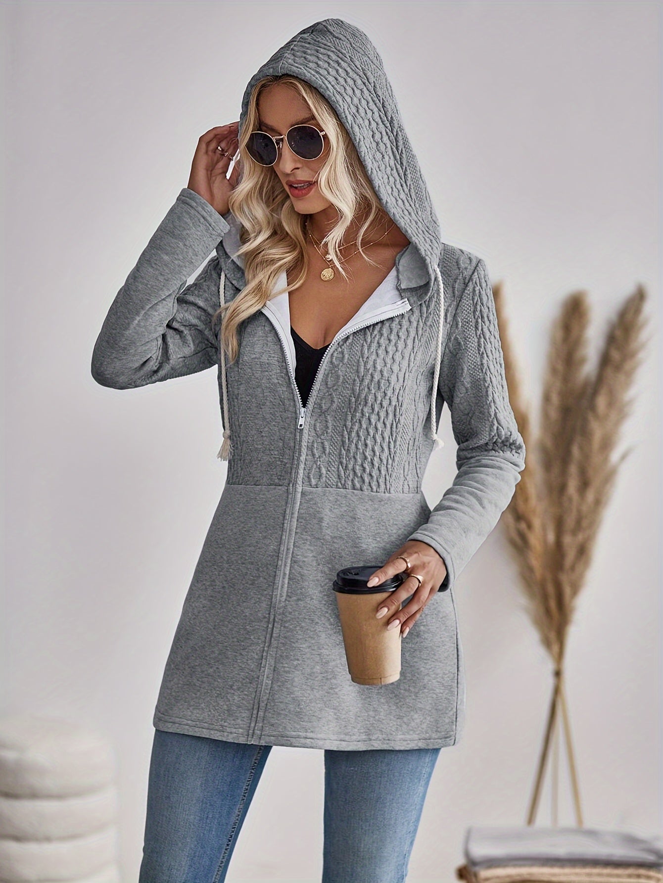 Textured Drawstring Zip Up Jacket, Casual Long Sleeve Hooded Jacket For Spring & Fall, Women's Clothing