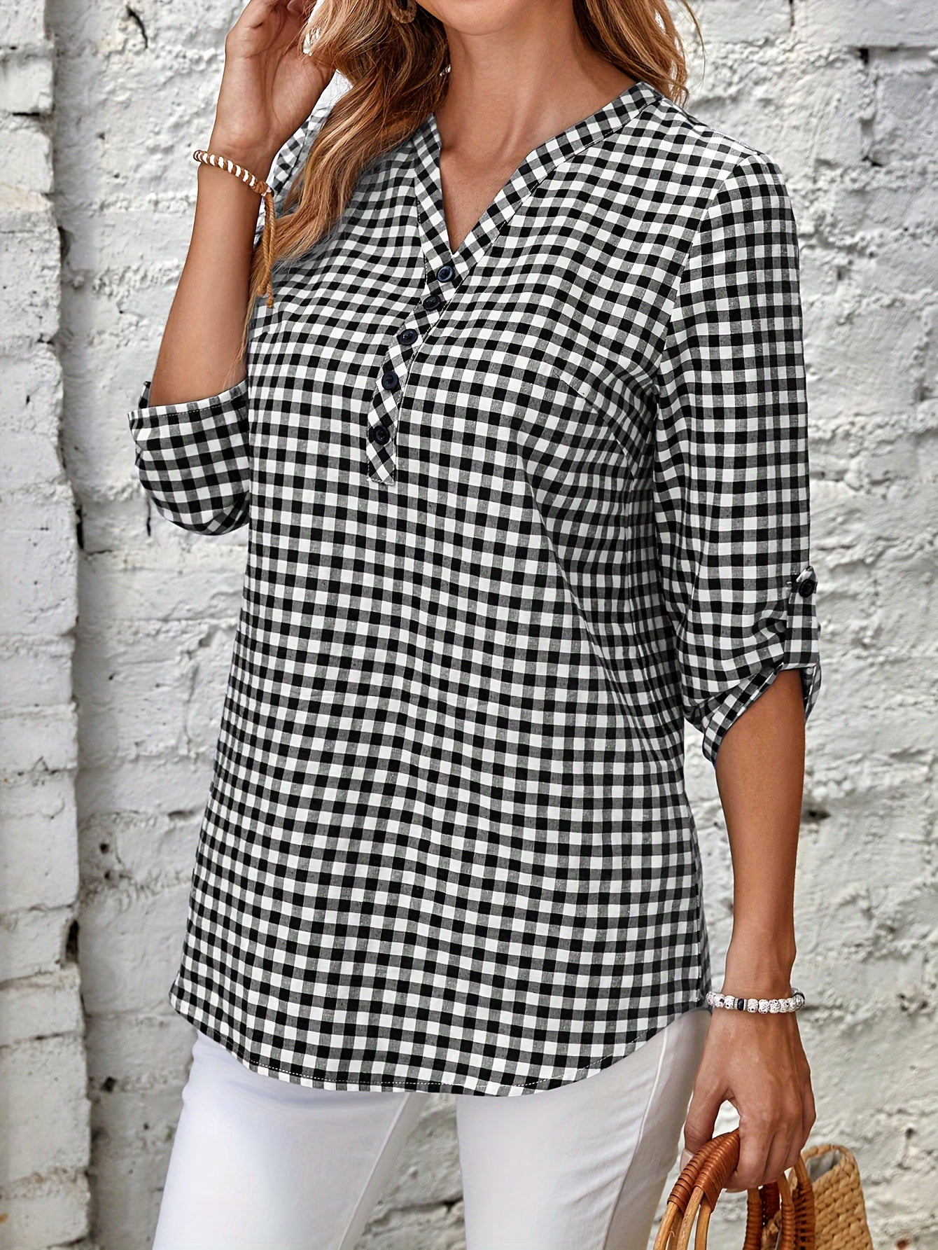 Plaid Print Button Front Shirt, Casual V Neck Shirt For Spring, Women's Clothing