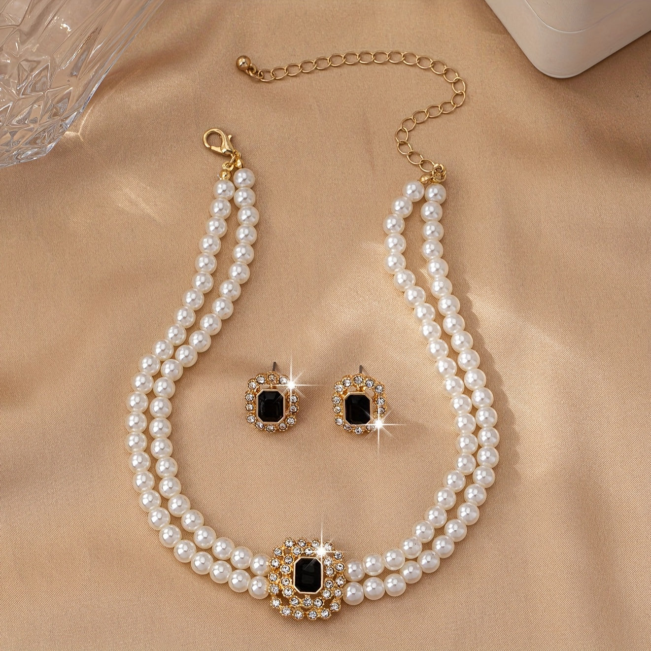 Luxury & Sexy Double Row Imitation Pearl Necklace And Earrings Set With Square Rhinestone Accents, Acrylic Fashion Jewelry For Women - Daily Wear, All-Season