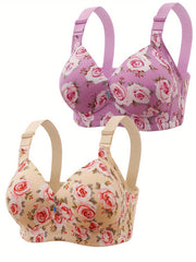 2pcs Plus Size Floral Print Wireless Bra, Elegant & Comfy Anti Sagging Push Up Breathable Bras, Women's Lingerie & Underwear