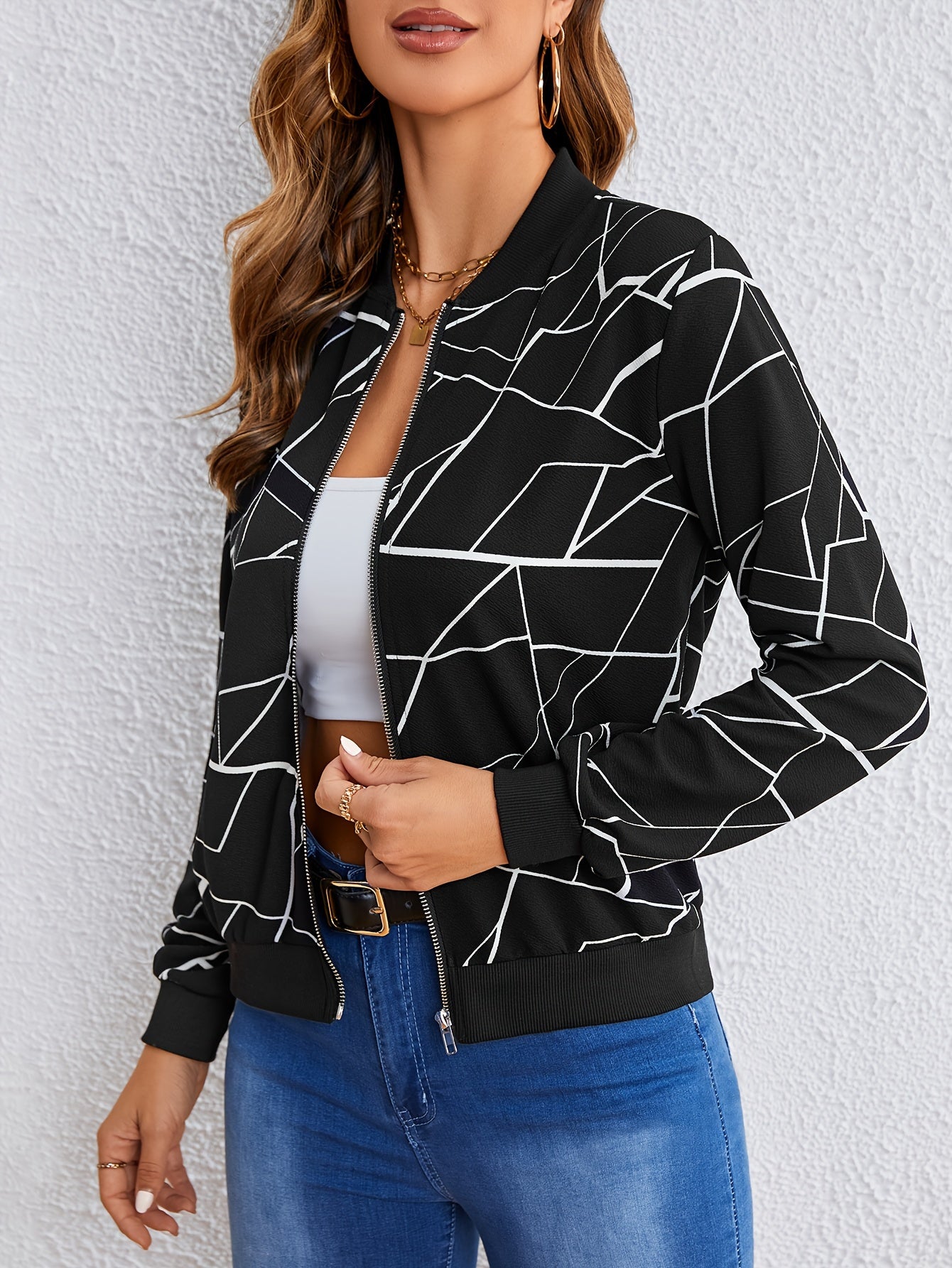 Chic Geometric Print Bomber Jacket – Casual Long-Sleeve Zip-Up, Easy-Care & Stylish for Women's Spring/Fall Fashion