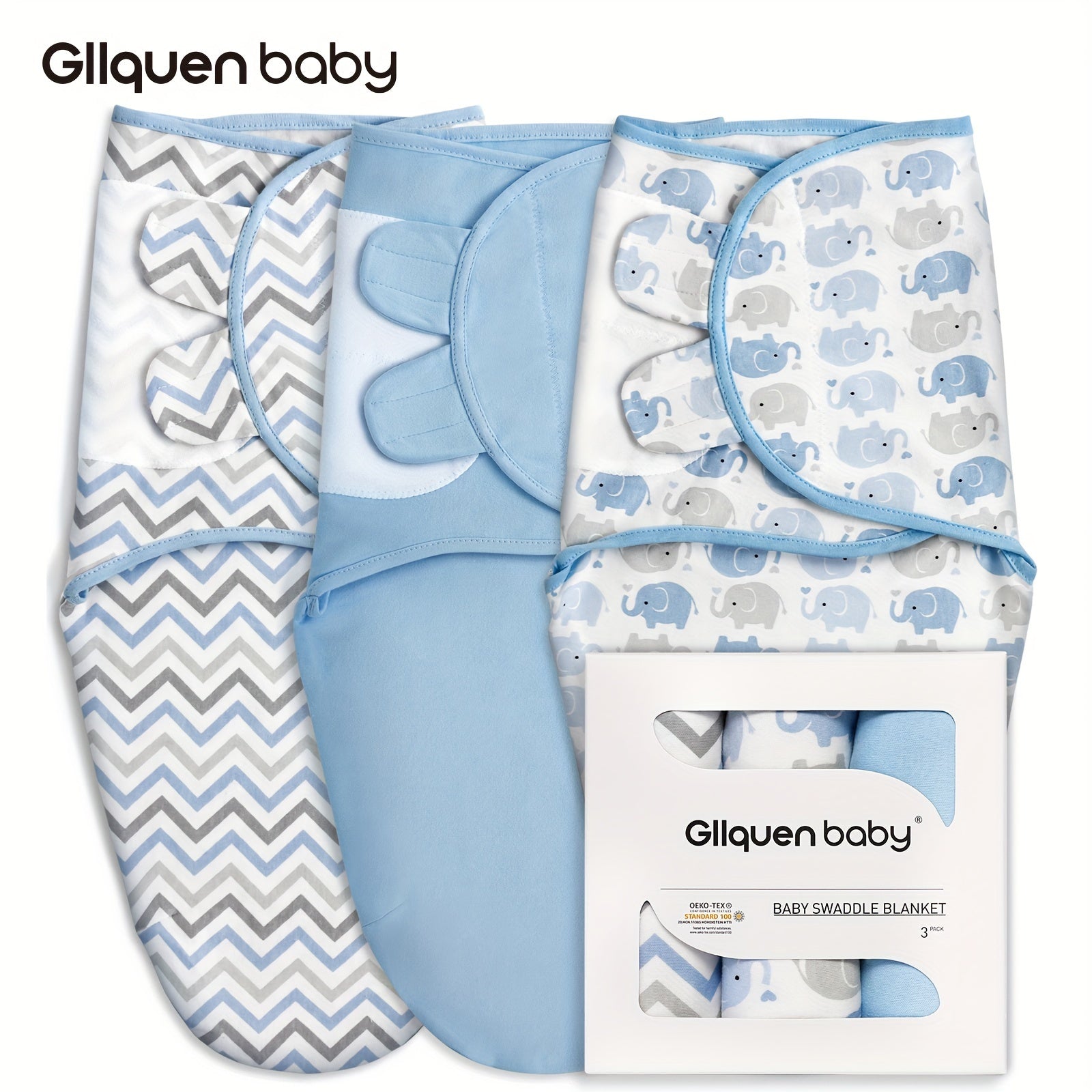 3-Piece Baby Swaddle Sleep Sacks Set - Heavenly Blue with Adorable Elephant & Stripe Designs - Ultra-Soft, Cozy, Secure Swaddling for Newborns