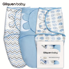 3-Piece Baby Swaddle Sleep Sacks Set - Heavenly Blue with Adorable Elephant & Stripe Designs - Ultra-Soft, Cozy, Secure Swaddling for Newborns