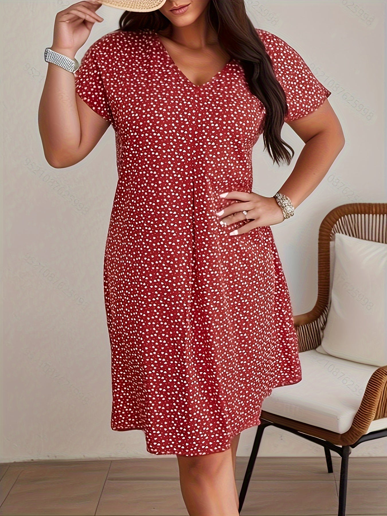 Plus Size All Over Print Dress, Elegant V Neck Short Sleeve Dress, Women's Plus Size Clothing