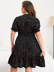 Plus Size Polka Dot Print Shirred Dress, Elegant Puff Sleeve V Neck Dress For Spring & Summer, Women's Plus Size Clothing