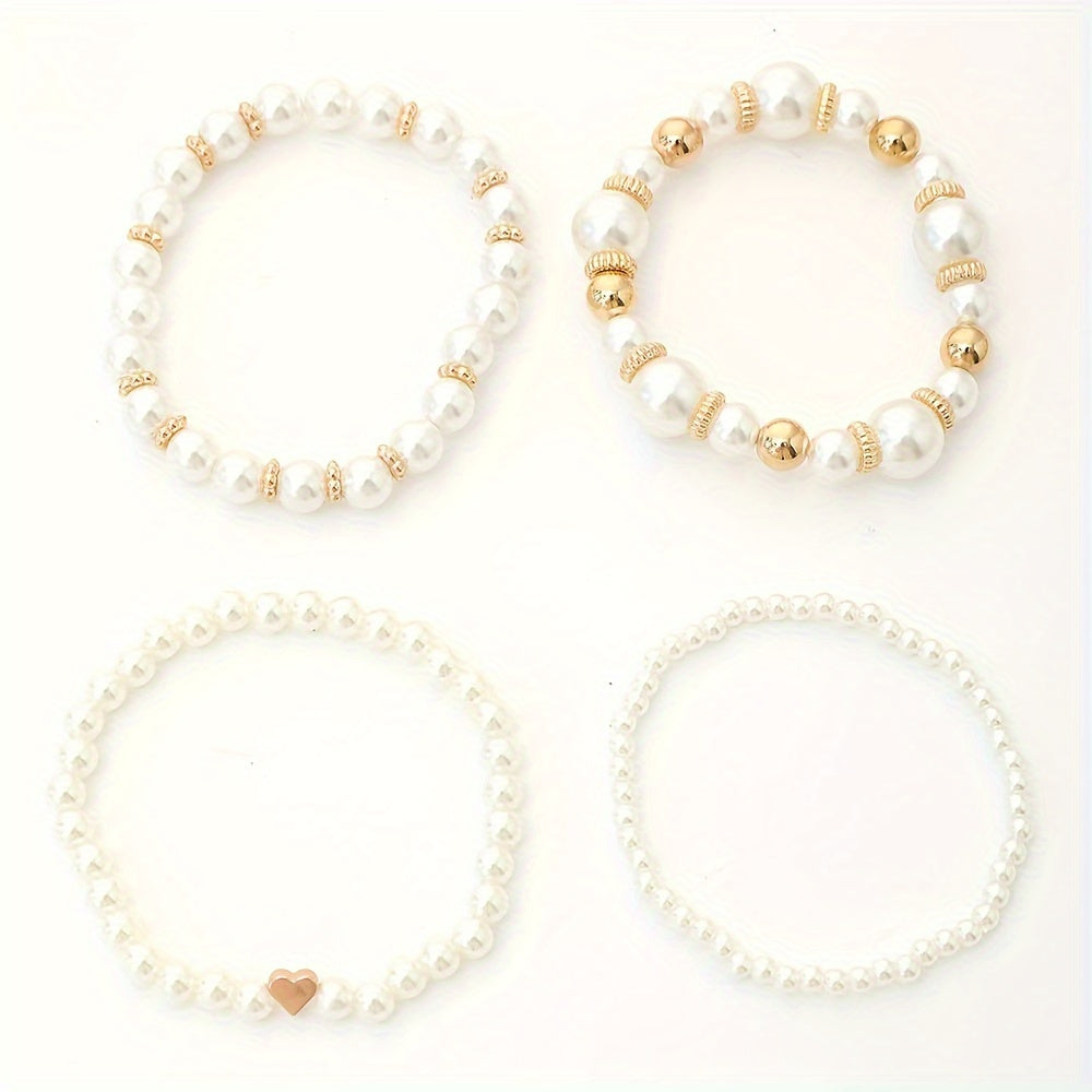 4pcs White Faux Pearls Beads Beaded Bracelet Set Elegant Handmade Hand String Jewelry Accessory