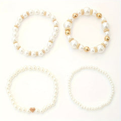 4pcs White Faux Pearls Beads Beaded Bracelet Set Elegant Handmade Hand String Jewelry Accessory