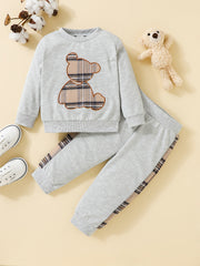 Adorable 2pcs Outfit For Toddler Girls & Boys - Bear Embroidery Sweatshirt & Splicing Pants!