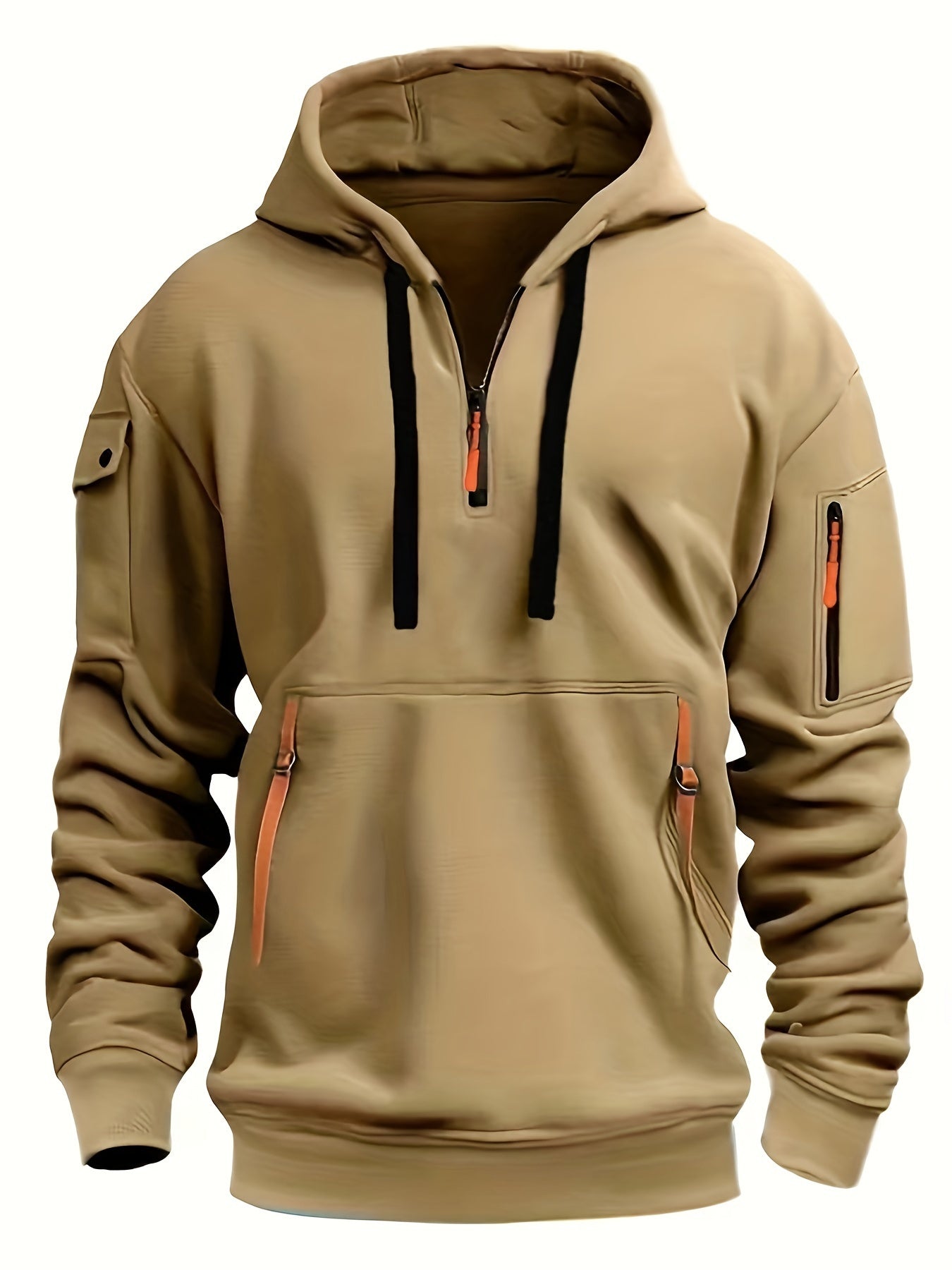 Men's Hooded Solid Long Sleeve And Zippered Henley Neck Sweatshirt With Multiple Pockets, Chic And Versatile Hoodie For Men's Spring And Autumn Outdoors Wear