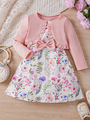 Sweet Girls 2pcs Solid Frill Trim Long Sleeve Outerwear + Flower Graphic Sleeveless Dress Set For Summer Party Gift