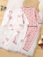 2 Sets Baby's Cartoon Heart & Polka Dots Pattern Long Sleeve Top + Comfy Ribbed Pants, Toddler & Infant Girl's Clothing Set For Spring Summer