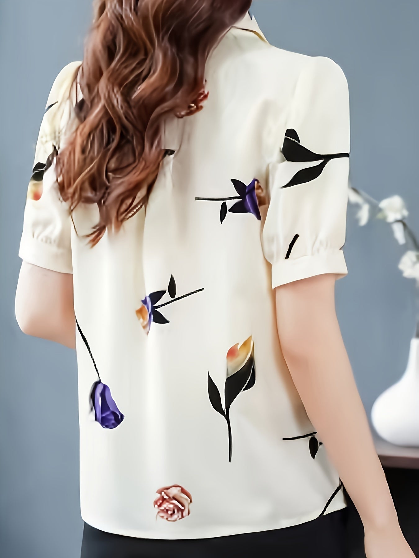 Floral Print Button Decor Shirt, Elegant Short Sleeve Collared Top For Spring & Summer, Women's Clothing