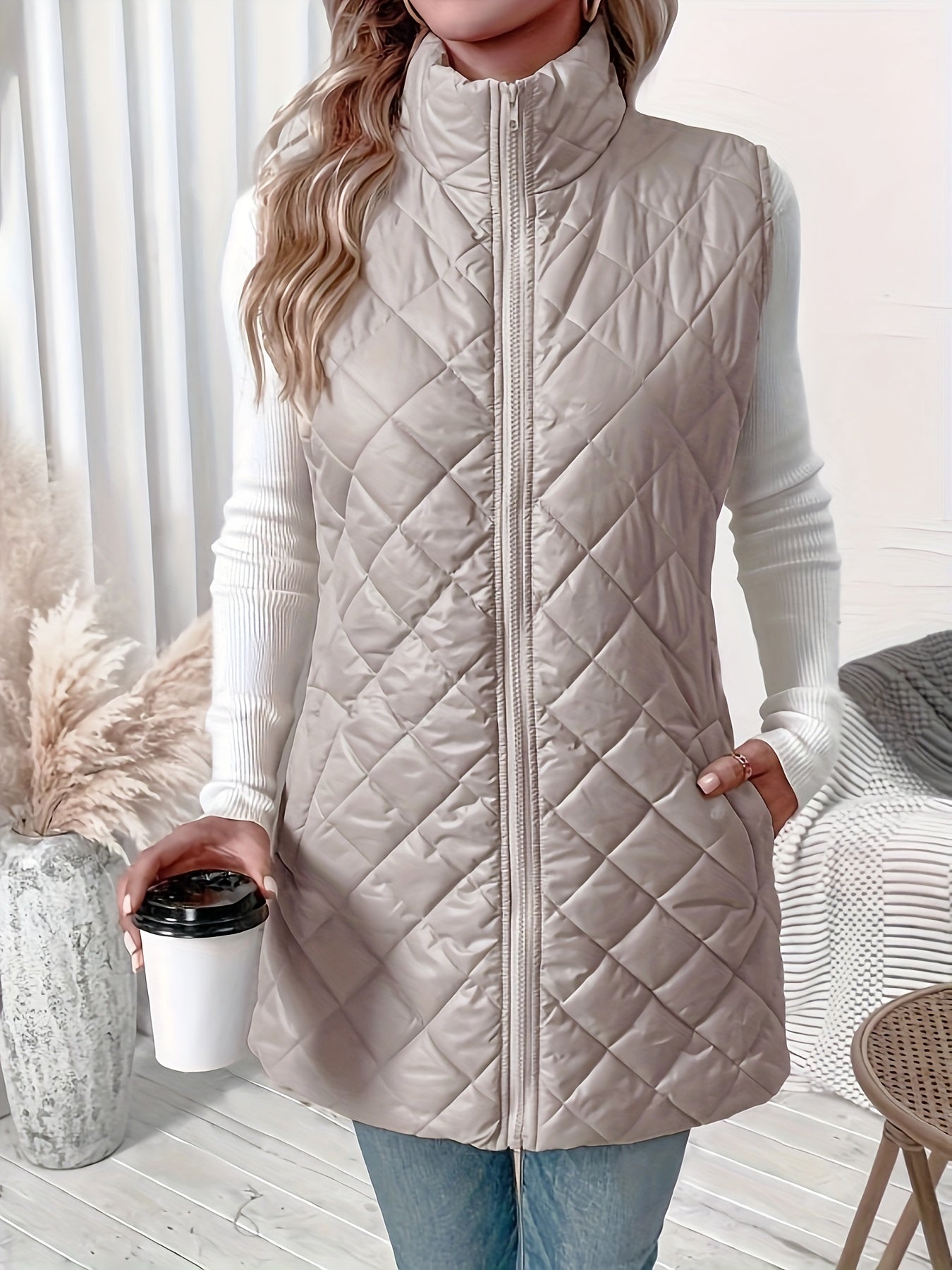 Zipper Front Cotton Padding Vest, Versatile Sleeveless Dual Pocket Outwear Coat For Winter & Fall, Women's Clothing