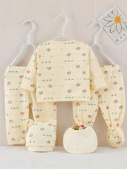 Adorable 5-Piece Baby Girl Outfit Set - Cartoon Long Sleeve Top, Pants, Hat & Bib!