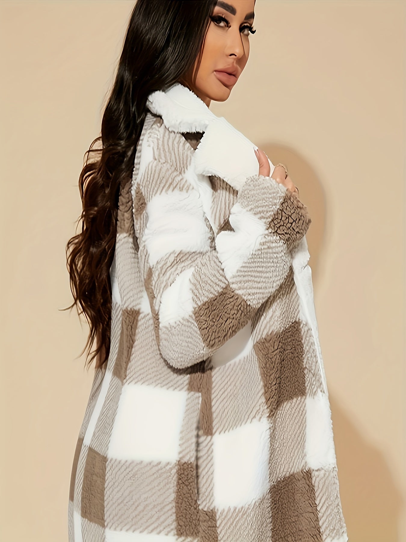 Plaid Pattern Open Front Coat, Casual Long Length Long Sleeve Warm Outerwear, Women's Clothing