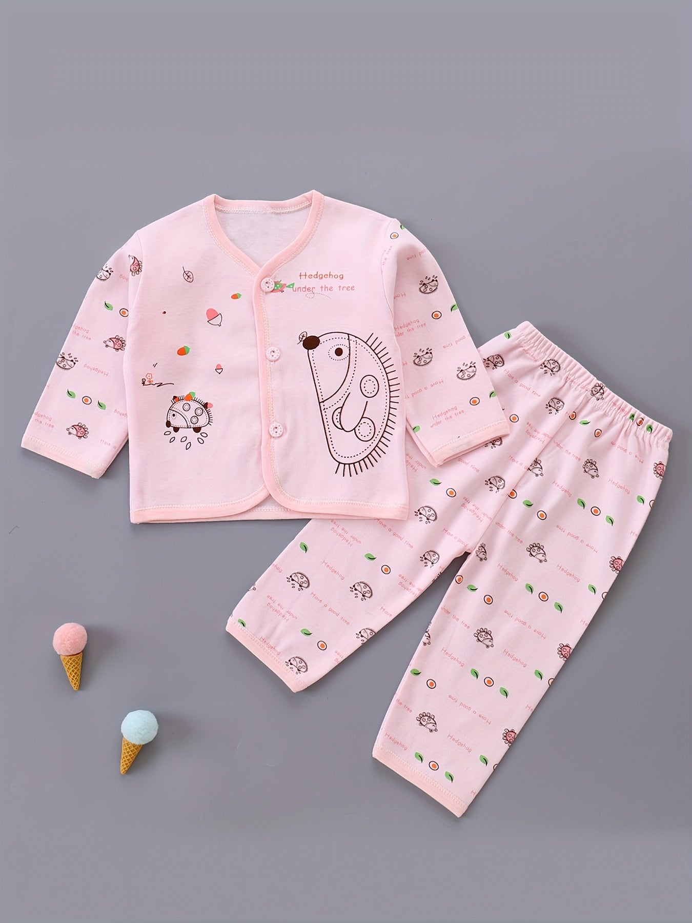 Adorable 5-Piece Baby Girl Outfit Set - Cartoon Long Sleeve Top, Pants, Hat & Bib!